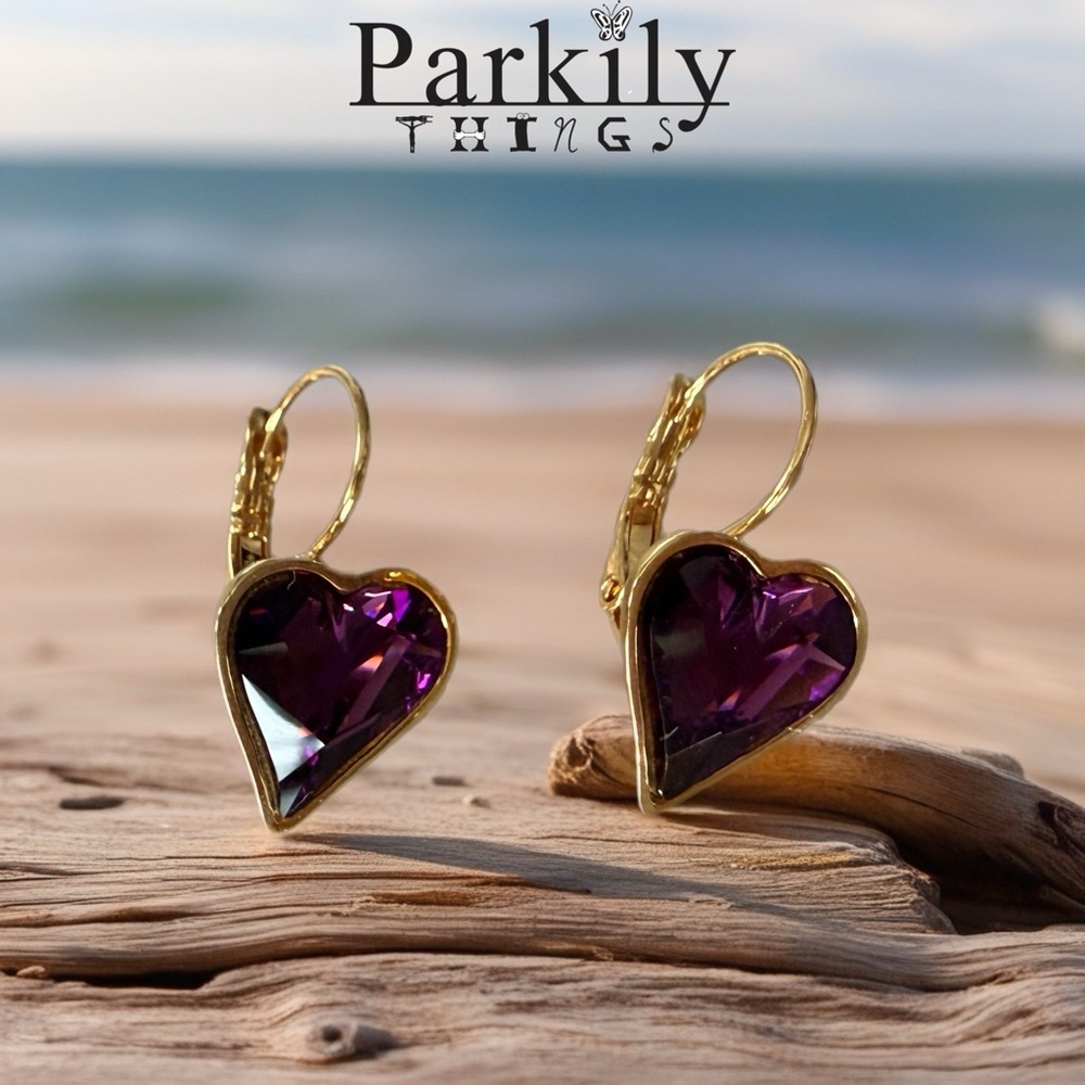 Amethyst Swarovski Crystal Heart Earrings made with gold tone leverbacks